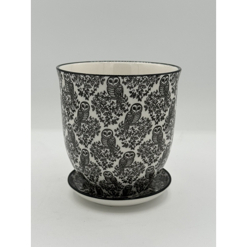 Liberte Chive Owl Pot Planter Owls Ceramic Black White 4.5" All Over Print